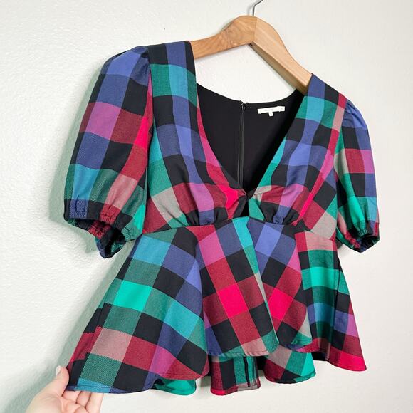 Tularosa Otis Black Multi Plaid Cropped Plunge Neckline Top women’s size small - Picture 4 of 14